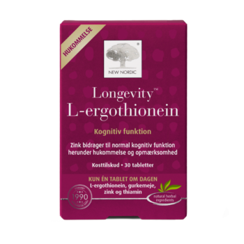 New Nordic Longevity L-ergothionein™ med L-ergothionein, gurkemeje, zink og thiamin, hvor zink bidrager til normal kognitiv funktion, herunder hukommelse og opmærksomhed.
