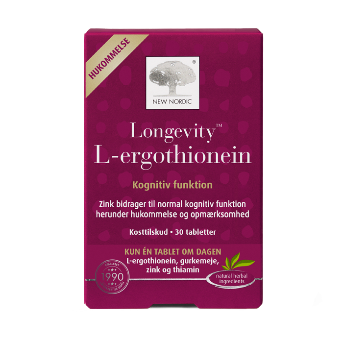 web_packshot_longevity_l-ergothioneine_30_DK New Nordic Longevity L-ergothionein™ med L-ergothionein, gurkemeje, zink og thiamin, hvor zink bidrager til normal kognitiv funktion, herunder hukommelse og opmærksomhed.