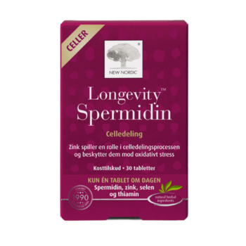 New Nordic Longevity Spermidin™ indeholder spermidin, zink, selen og thiamin, hvor zink spiller en rolle i celledelingsprocessen og bidrager til at beskytte cellerne mod oxidativt stress.
