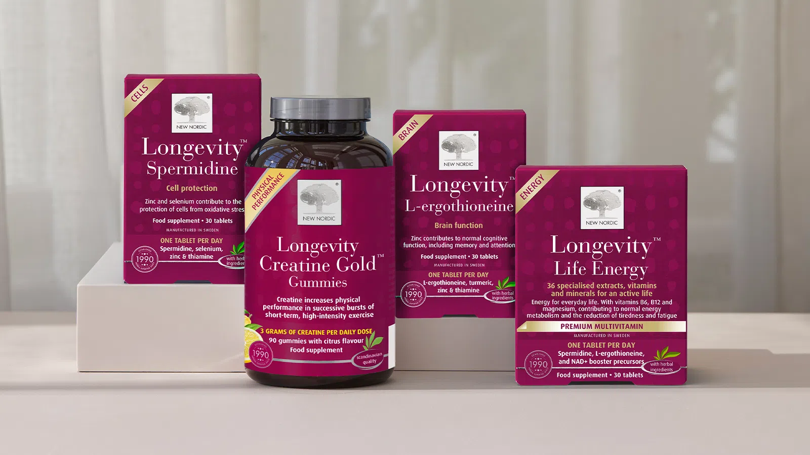 En række billeder af fire Longevity-produkter fra New Nordic