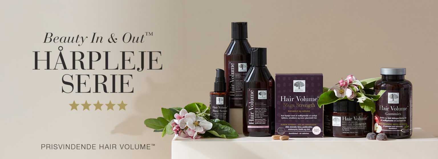 Banner med New Nordic Hair Volume™-serien til Beauty In & Out-hårpleje, der kombinerer kosttilskud og hårpleje til stærkere, sundere hår.