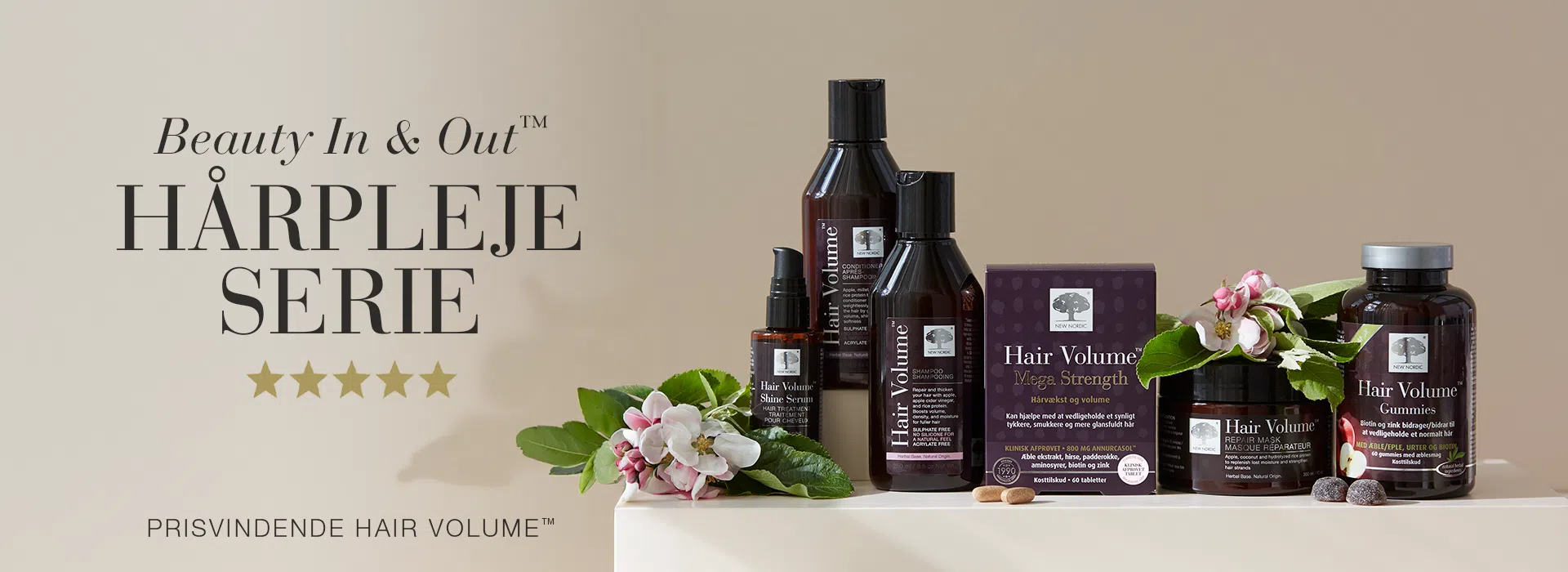 Banner med New Nordic Hair Volume™-serien til Beauty In & Out-hårpleje, der kombinerer kosttilskud og hårpleje til stærkere, sundere hår.