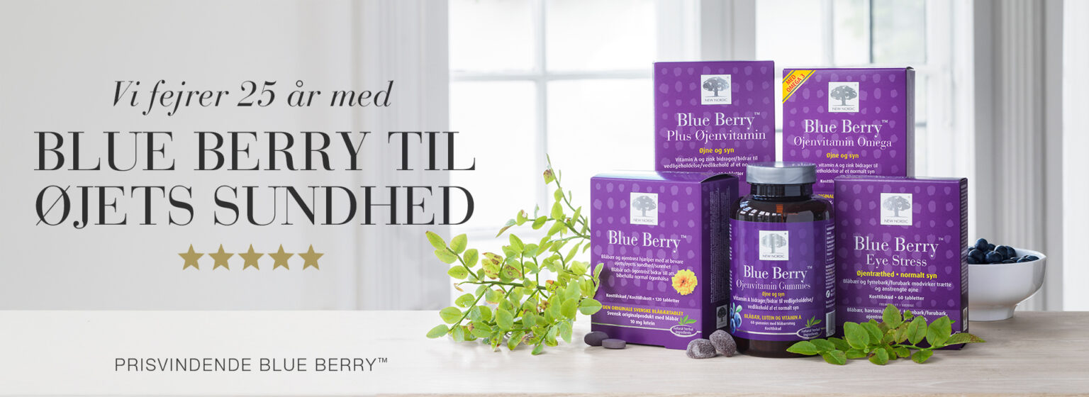 Banner med New Nordic Blue Berry™-serien, der fejrer 25 år med kosttilskud til øjensundhed og normalt syn.