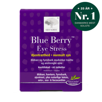 New Nordic Blue Berry Eye Stress™ med blåbær, fyrrebark, øjentrøst og lutein modvirker trætte og anstrengte øjne og bidrager til et normalt syn.
