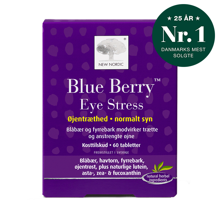di_webpackshot_BlueBerry_eyestress_60_splash New Nordic Blue Berry Eye Stress™ med blåbær, fyrrebark, øjentrøst og lutein modvirker trætte og anstrengte øjne og bidrager til et normalt syn.