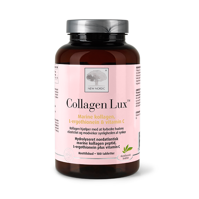 di_webpackshot_CollagenLux_180_dk New Nordic Collagen Lux™ med marine kollagenpeptider, L-ergothionein og C-vitamin bidrager til at forbedre hudens elasticitet og mindsker synligheden af rynker.