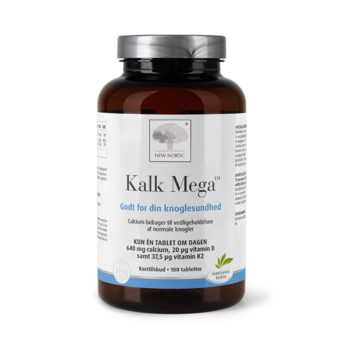 New Nordic Kalk Mega™ med calcium, D-vitamin og K2-vitamin, hvor calcium bidrager til at opretholde normale knogler og understøtter knoglesundheden.