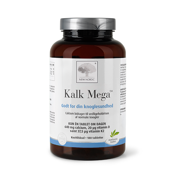 di_webpackshot_KalkMega_180_dk New Nordic Kalk Mega™ med calcium, D-vitamin og K2-vitamin, hvor calcium bidrager til at opretholde normale knogler og understøtter knoglesundheden.
