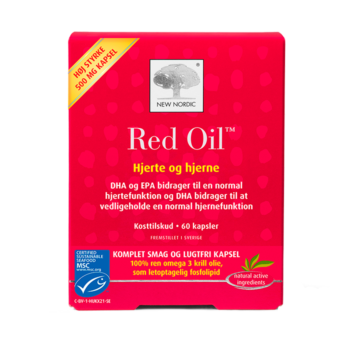 New Nordic Red Oil™ med omega-3 fra krillolie, hvor EPA og DHA bidrager til en normal hjertefunktion, og DHA bidrager til at opretholde en normal hjernefunktion.