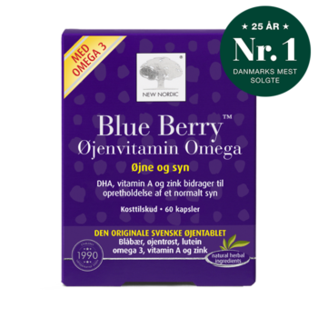New Nordic Blue Berry Øjenvitamin Omega™ med blåbær, øjentrøst, lutein, omega-3, vitamin A og zink bidrager til at opretholde et normalt syn.