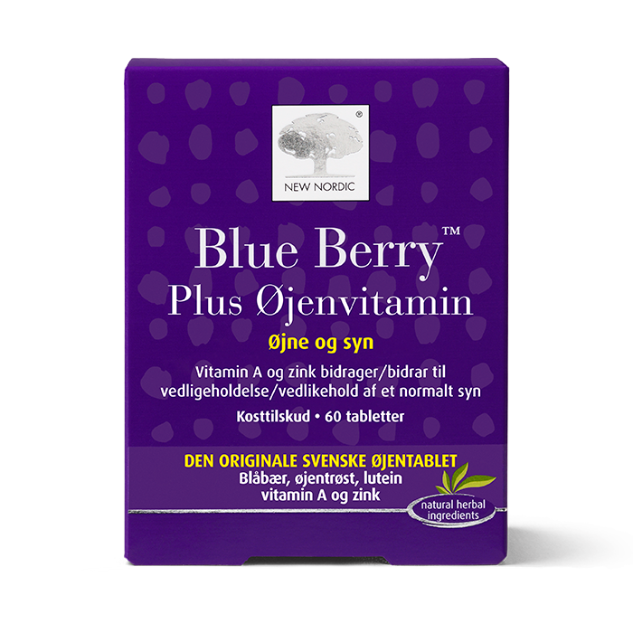 New Nordic Blue Berry Plus Øjenvitamin™ med blåbær, øjentrøst, lutein, vitamin A og zink bidrager til at opretholde et normalt syn.