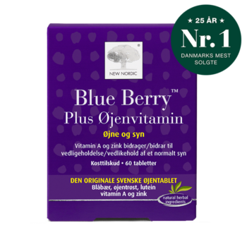 New Nordic Blue Berry Plus Øjenvitamin™ med blåbær, øjentrøst, lutein, vitamin A og zink bidrager til at opretholde et normalt syn.