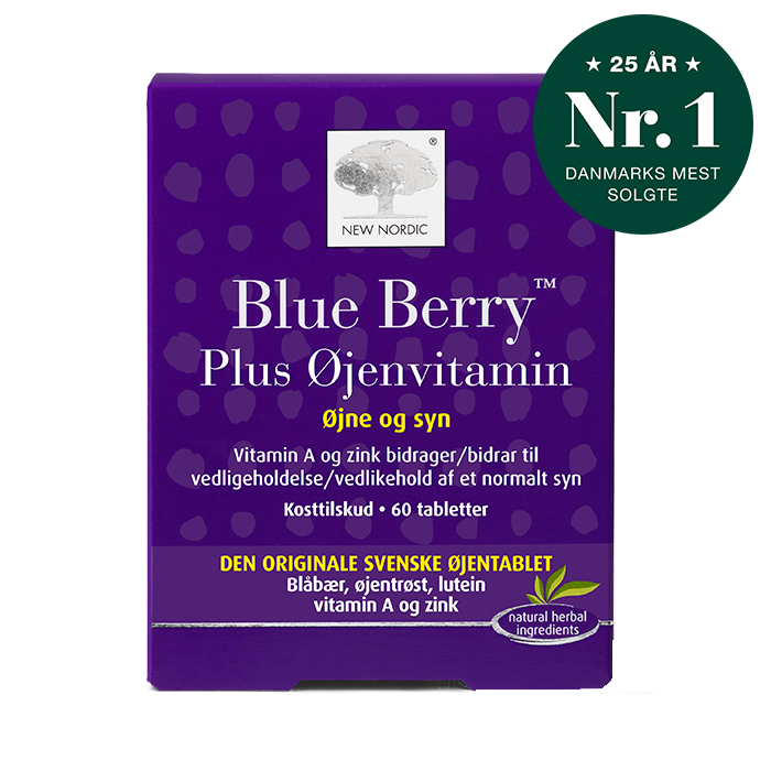 di_webpackshot_blueberry_plus_60_dk_splash New Nordic Blue Berry Plus Øjenvitamin™ med blåbær, øjentrøst, lutein, vitamin A og zink bidrager til at opretholde et normalt syn.