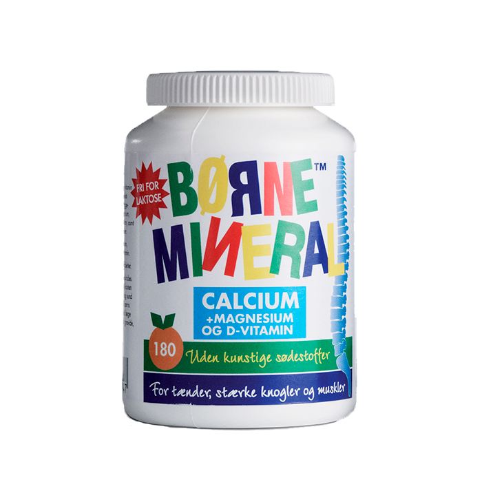 di_webpackshot_bornemineral_orange_180_dk_front Børne Mineral™ med calcium, magnesium og D-vitamin til tænder, stærke knogler og muskler.