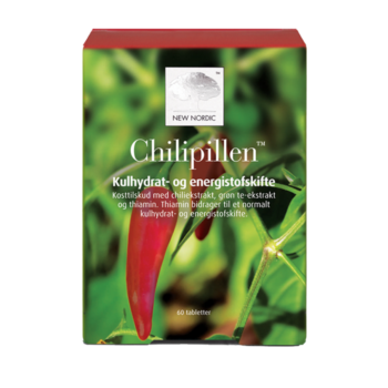 New Nordic Chilipillen™ med chili-ekstrakt, grøn te-ekstrakt og thiamin bidrager til et normalt kulhydrat- og energistofskifte.