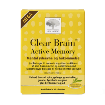 New Nordic Clear Brain Active Memory™ med valnød, broccolispirer, galanga, granatæble, grøn te, fyrrebark, B-vitaminer og jod bidrager til normale kognitive funktioner som hukommelse og opmærksomhed samt normal mental ydeevne.