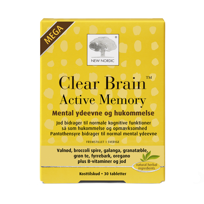 di_webpackshot_clearbrain_activememory_dk New Nordic Clear Brain Active Memory™ med valnød, broccolispirer, galanga, granatæble, grøn te, fyrrebark, B-vitaminer og jod bidrager til normale kognitive funktioner som hukommelse og opmærksomhed samt normal mental ydeevne.