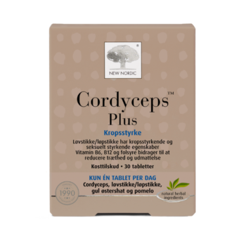 New Nordic Cordyceps Plus™ med cordyceps, løvstikke, gul østershat og pomelo. Vitamin B6, B12 og folsyre bidrager til at mindske træthed og udmattelse.