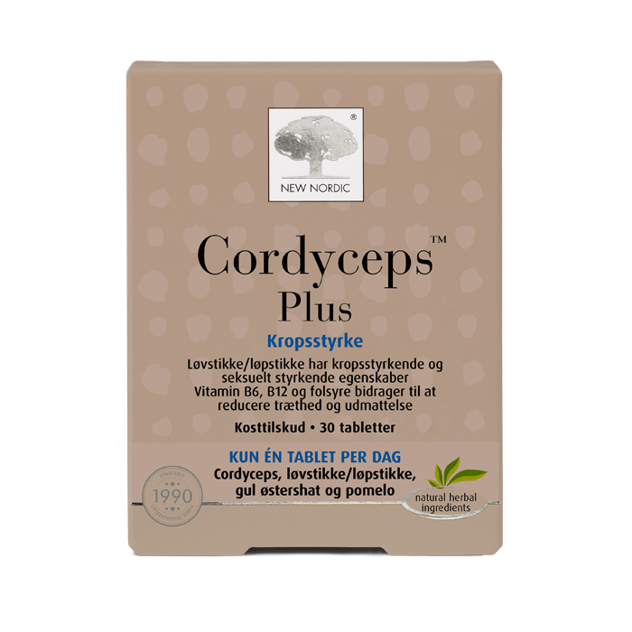 di_webpackshot_cordycepsplus_30_DKNO New Nordic Cordyceps Plus™ med cordyceps, løvstikke, gul østershat og pomelo. Vitamin B6, B12 og folsyre bidrager til at mindske træthed og udmattelse.