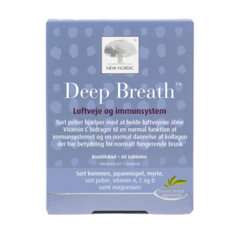 New Nordic Deep Breath™ med sort kommen, japansk mispel, myrte, sort peber samt vitamin A, C og D. Sort peber hjælper med at holde luftvejene åbne.