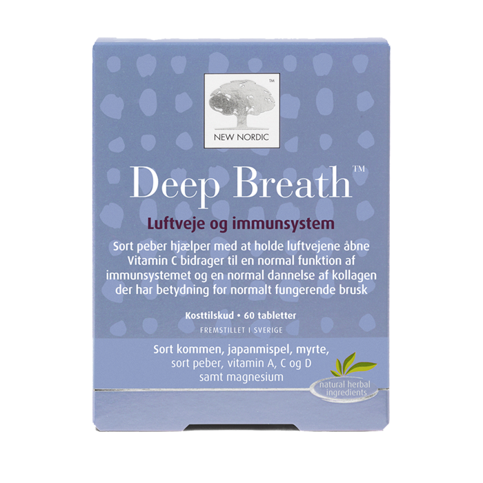 di_webpackshot_deepbreath_60_dk_front New Nordic Deep Breath™ med sort kommen, japansk mispel, myrte, sort peber samt vitamin A, C og D. Sort peber hjælper med at holde luftvejene åbne.