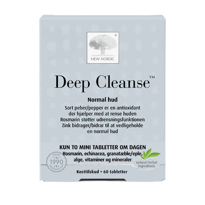 di_webpackshot_deepcleanse_60_NEW_DK New Nordic Deep Cleanse™ med rosmarin, echinacea, granatæble, alger, vitaminer og mineraler. Rosmarin understøtter hudens udrensningsfunktion, og zink bidrager til at opretholde en normal hud.