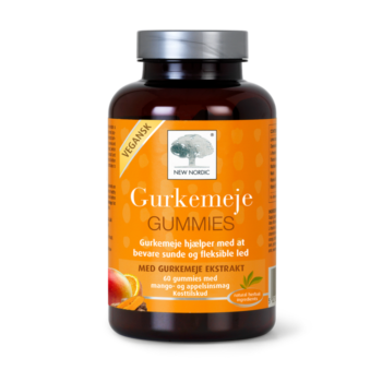 New Nordic Gurkemeje Gummies™ er et kosttilskud med gurkemejeekstrakt, der hjælper med at bevare sunde og smidige led. Veganske gummibonbons med mango- og appelsinsmag i en brun flaske med orange etiket.