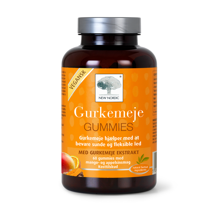 di_webpackshot_egurkemeje_gummies_60_dk New Nordic Gurkemeje Gummies™ er et kosttilskud med gurkemejeekstrakt, der hjælper med at bevare sunde og smidige led. Veganske gummibonbons med mango- og appelsinsmag i en brun flaske med orange etiket.