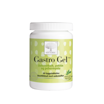 New Nordic Gastro Gel™ tyggetabletter med dolomitkalk, pektin og pebermynte, udviklet til daglig støtte af fordøjelsen i en praktisk tyggetabletform.