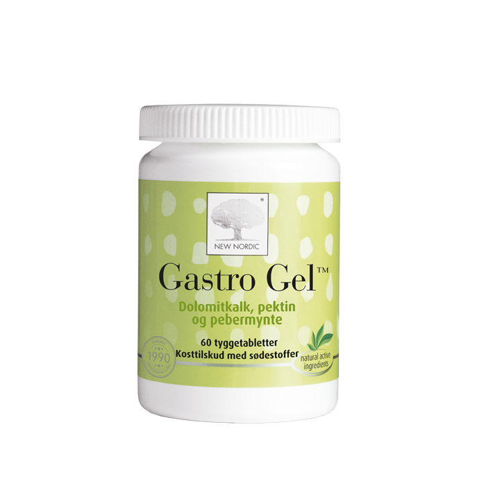 di_webpackshot_gastrogel_60_dk_NEW New Nordic Gastro Gel™ tyggetabletter med dolomitkalk, pektin og pebermynte, udviklet til daglig støtte af fordøjelsen i en praktisk tyggetabletform.