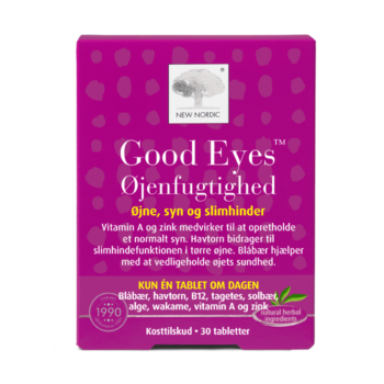 New Nordic Good Eyes™ kosttilskud med blåbær, havtorn, vitaminer og zink, udviklet til at understøtte øjenfugtighed, normalt syn og øjnenes sundhed.