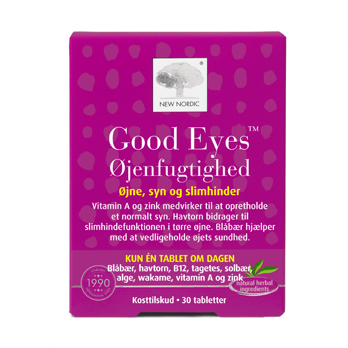 di_webpackshot_goodeyesfugthed_dk New Nordic Good Eyes™ kosttilskud med blåbær, havtorn, vitaminer og zink, udviklet til at understøtte øjenfugtighed, normalt syn og øjnenes sundhed.