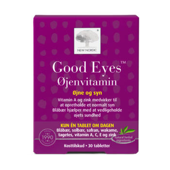 New Nordic Good Eyes™ kosttilskud med blåbær, safran, wakame, tagetes, vitaminer og zink, udviklet til at understøtte øjnenes sundhed og bidrage til at opretholde et normalt syn.