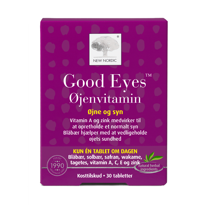 di_webpackshot_goodeyesvitamin_dk New Nordic Good Eyes™ kosttilskud med blåbær, safran, wakame, tagetes, vitaminer og zink, udviklet til at understøtte øjnenes sundhed og bidrage til at opretholde et normalt syn.