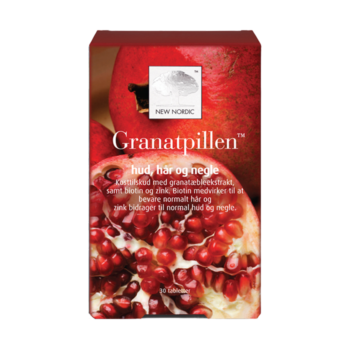 New Nordic Granatpillen™ er et kosttilskud med granatæbleekstrakt, biotin og zink, der er udviklet til at understøtte hud, hår og negle med fokus på daglig skønhedspleje indefra.