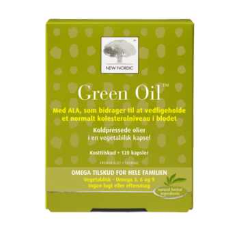 New Nordic Green Oil™ er et plantebaseret omega-tilskud med koldpressede olier og ALA, der bidrager til at opretholde et normalt kolesterolniveau og indeholder omega-3, -6 og -9 i vegetabilske kapsler.