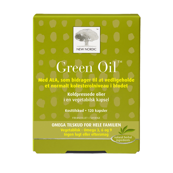 di_webpackshot_greenoil_120_dk_front New Nordic Green Oil™ er et plantebaseret omega-tilskud med koldpressede olier og ALA, der bidrager til at opretholde et normalt kolesterolniveau og indeholder omega-3, -6 og -9 i vegetabilske kapsler.