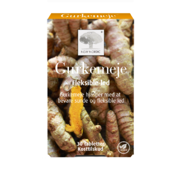 New Nordic Gurkemeje™ kosttilskud med gurkemeje, der hjælper med at bevare sunde og smidige led. Produktemballage med billede af gurkemejerødder og vegansk mærkning.