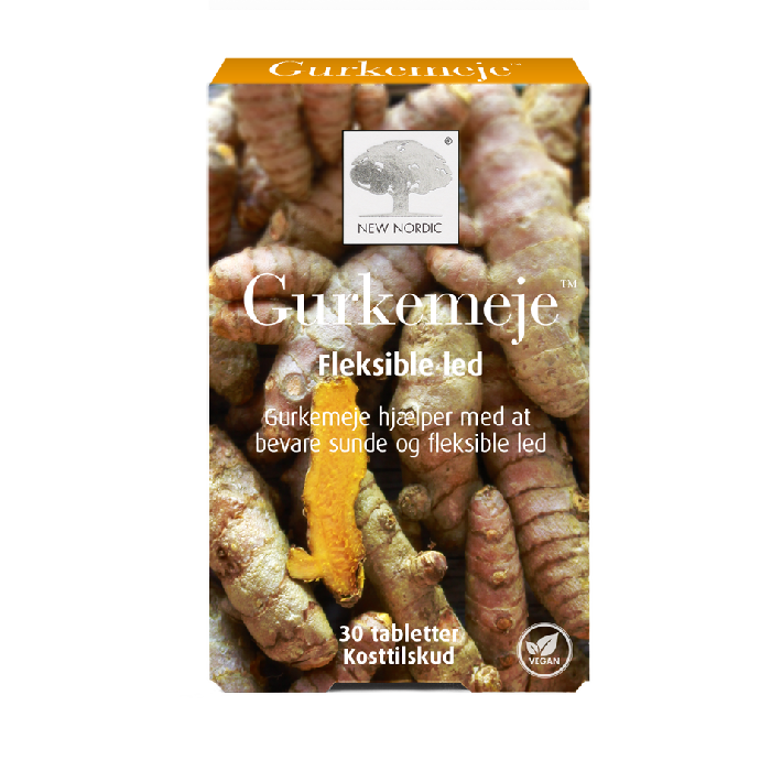 di_webpackshot_gurkemeje_dk New Nordic Gurkemeje™ kosttilskud med gurkemeje, der hjælper med at bevare sunde og smidige led. Produktemballage med billede af gurkemejerødder og vegansk mærkning.