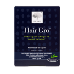 New Nordic Hair Gro™ kosttilskud med biotin og zink, der bidrager til normal hårvækst. Mørkeblå produktæske med 60 kapsler og ingredienser som æbleekstrakt, hirse, padderokke og aminosyrer.