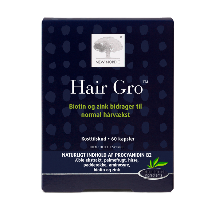 di_webpackshot_hair_gro_DK_front New Nordic Hair Gro™ kosttilskud med biotin og zink, der bidrager til normal hårvækst. Mørkeblå produktæske med 60 kapsler og ingredienser som æbleekstrakt, hirse, padderokke og aminosyrer.