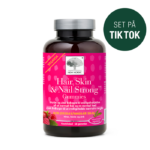 New Nordic Hair, Skin & Nail Strong™-gummibonbons med jordbær- og hindbærsmag, hvor biotin og zink bidrager til at opretholde normalt hår, hud og negle, mærket med et »Set på TikTok«-mærke.