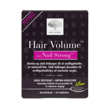 New Nordic Hair Volume™ plus Nail Strong™ med æbleekstrakt, ortho-kiselsyre, biotin og zink. Kosttilskud udviklet til at opretholde normalt hår og normale negle.