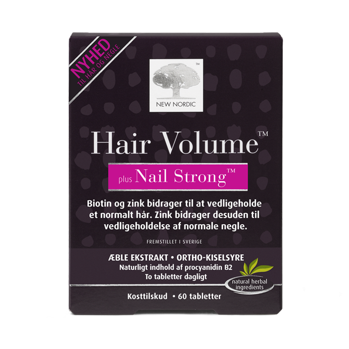 di_webpackshot_hairvolumeNAIL_60_dk_front New Nordic Hair Volume™ plus Nail Strong™ med æbleekstrakt, ortho-kiselsyre, biotin og zink. Kosttilskud udviklet til at opretholde normalt hår og normale negle.