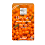 New Nordic Havtorn™ med omega-7 og havtornbær, hvor niacin bidrager til at opretholde normale slimhinder, vist på emballagen med et nærbillede af orange havtornbær.
