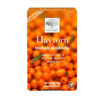 New Nordic Havtorn™ med omega-7 og havtornbær, hvor niacin bidrager til at opretholde normale slimhinder, vist på emballagen med et nærbillede af orange havtornbær.