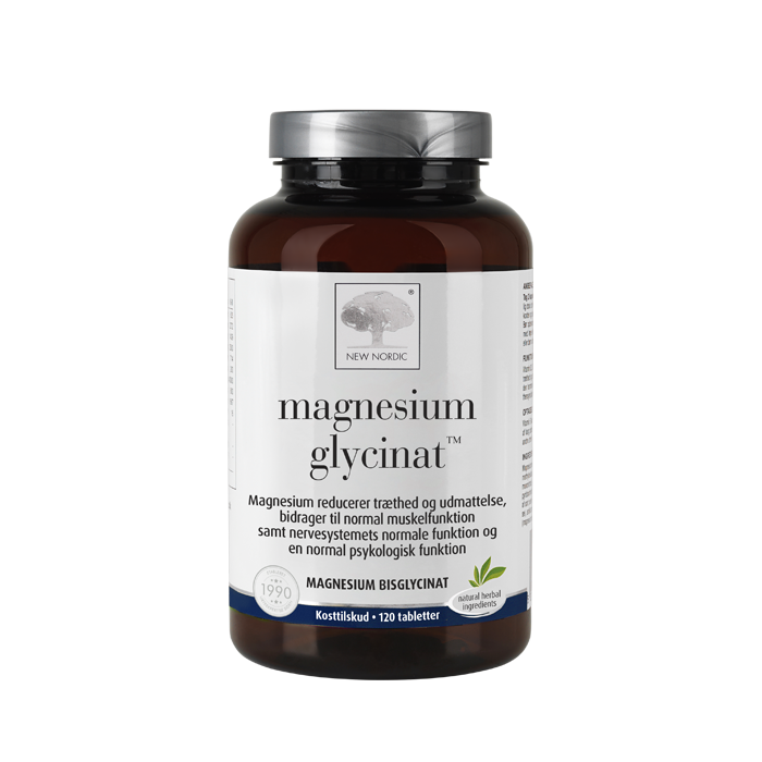 di_webpackshot_magnesium_glycinate_120_DKNO New Nordic Magnesium Glycinat™ indeholder magnesiumbisglycinat, hvor magnesium bidrager til normal muskelfunktion, nervesystemets normale funktion, normal psykisk funktion samt til at mindske træthed og udmattelse.