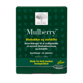 New Nordic Mulberry™ med blade fra hvid morbær og krom, hvor krom bidrager til at opretholde et normalt blodsukkerniveau og et normalt stofskifte.
