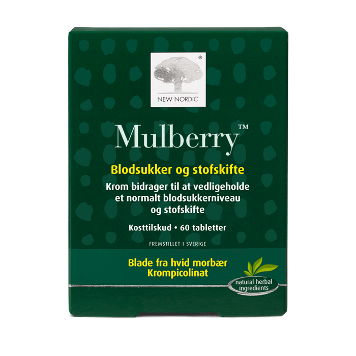 di_webpackshot_mulberry_60_dk New Nordic Mulberry™ med blade fra hvid morbær og krom, hvor krom bidrager til at opretholde et normalt blodsukkerniveau og et normalt stofskifte.