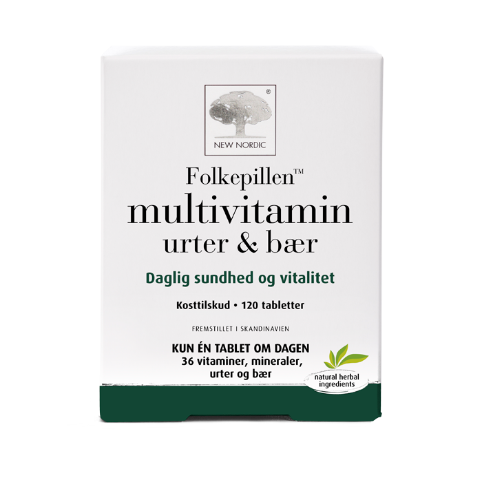 di_webpackshot_multivitaminfolkepillen_120_dk New Nordic Folkepillen™ er et multivitaminpræparat med urter og bær, der er udviklet til at fremme den daglige sundhed og vitalitet med 36 vitaminer, mineraler, urter og bær i én tablet om dagen.